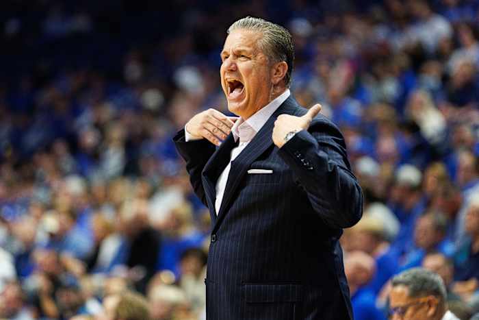 Nov 6, 2023; Lexington, Kentucky, USA; Kentucky Wildcats head coach John Calipari calls a timeout during the first half against the New Mexico State Aggies at Rupp Arena at Central Bank Center. Mandatory Credit: Jordan Prather-USA TODAY Sports